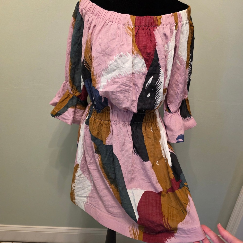 L'ATISTE by Amy Pink Abstract Brushstroke Off Shoulder Ruffle Mini Dress NWT